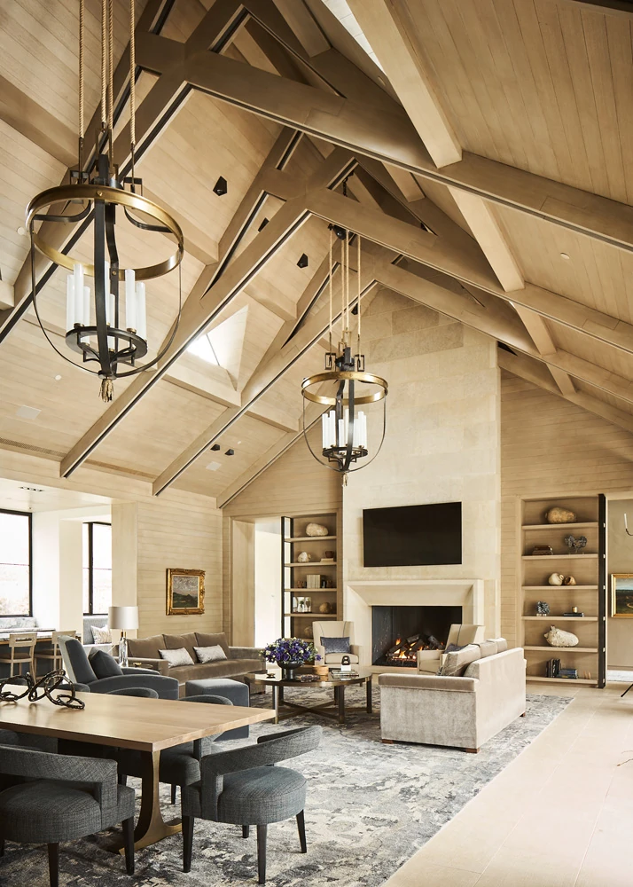 Finished Bordeaux Residence great room with steep pitched ceiling