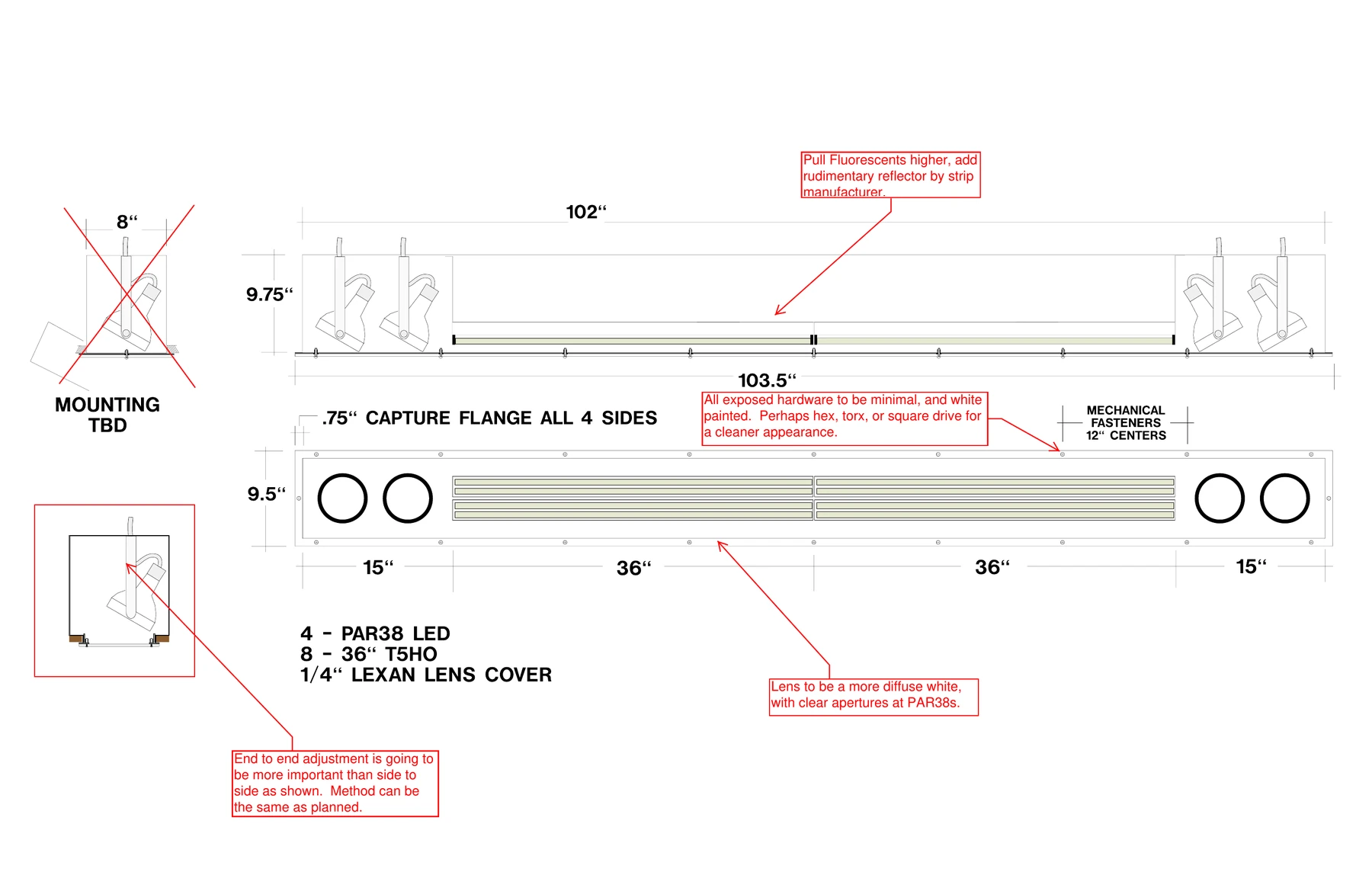 Marked-up shop drawing showing 1/4-inch Lexan lens, T5HO sources and PAR38 heads