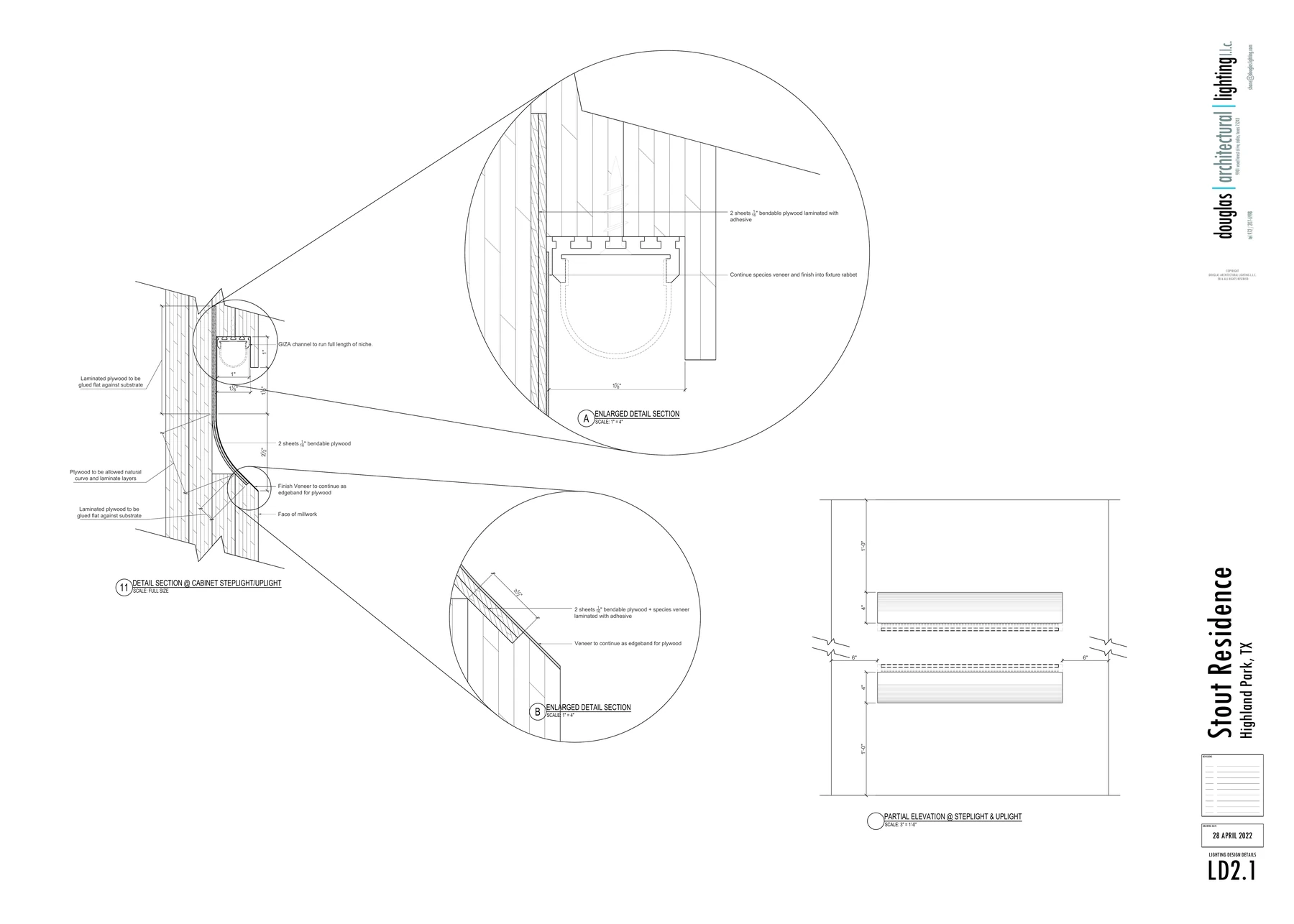 Lighting detail drawing coordinating veneer, curved plywood and fixture channel